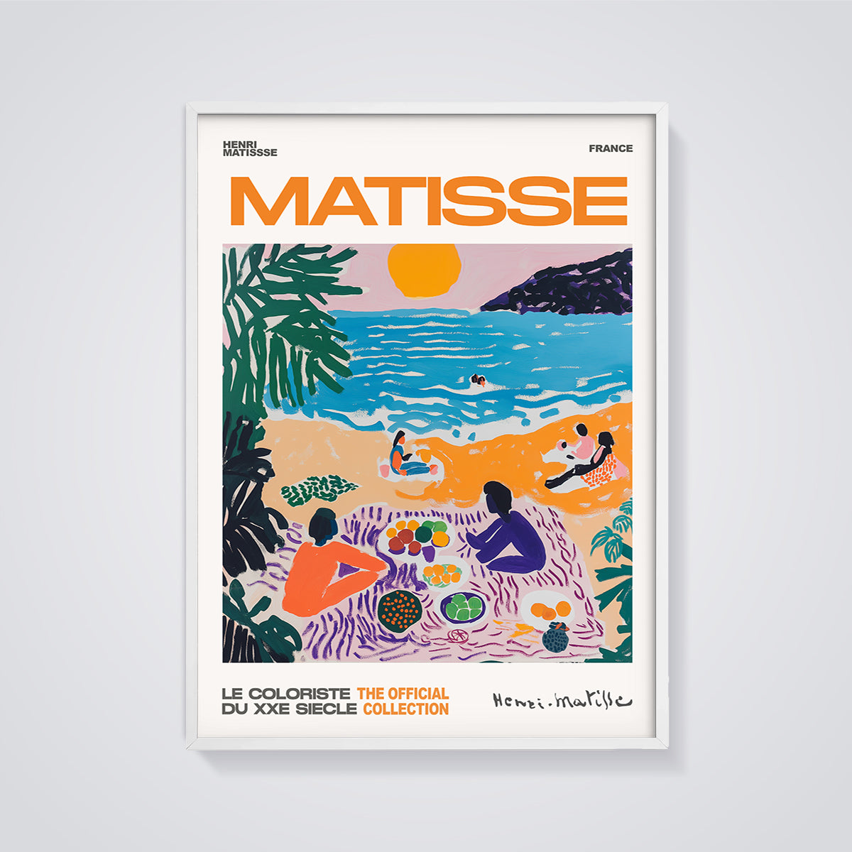 Matisse Beach Picnic Print framed in white on a grey background