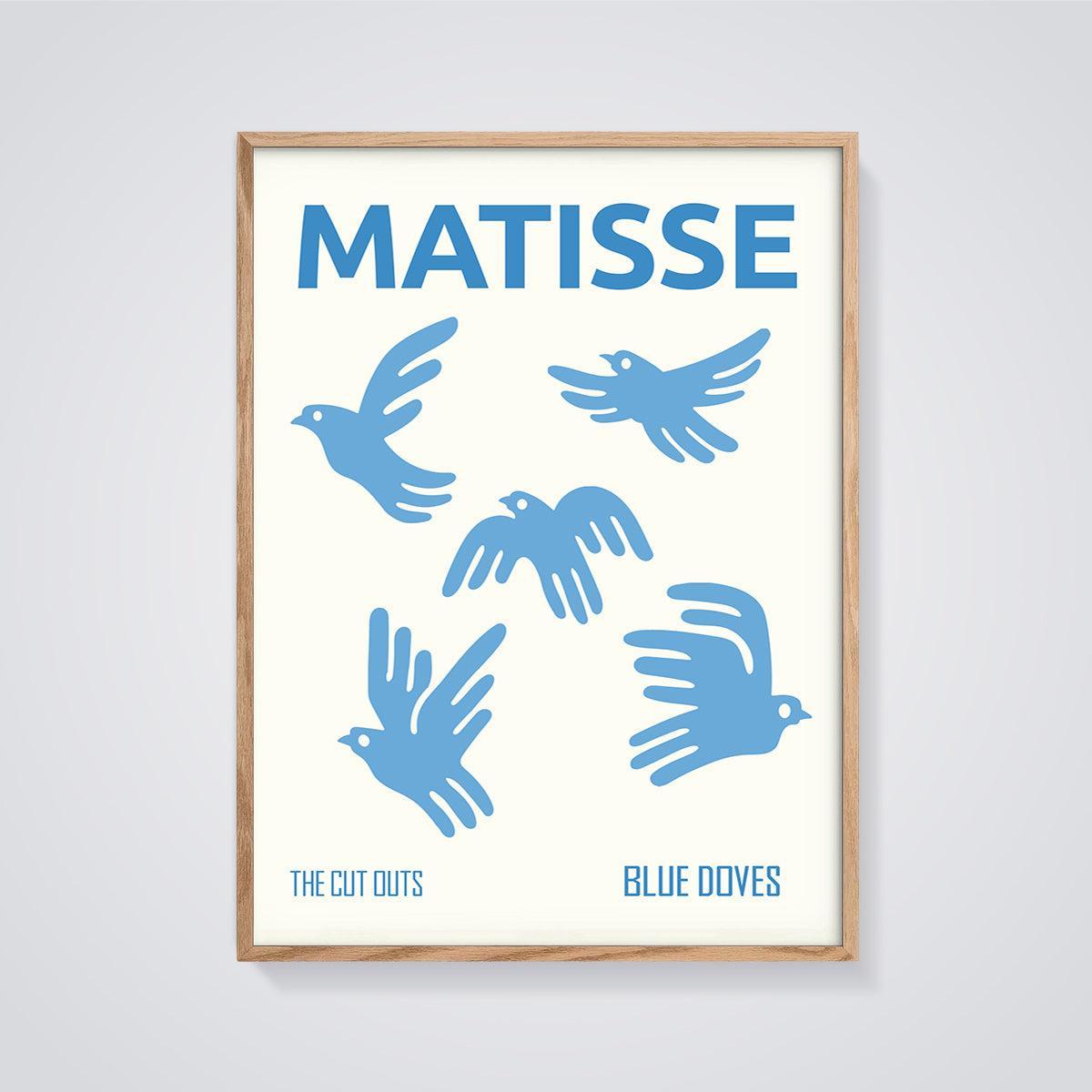Matisse Blue Doves Print framed in oak on a grey background