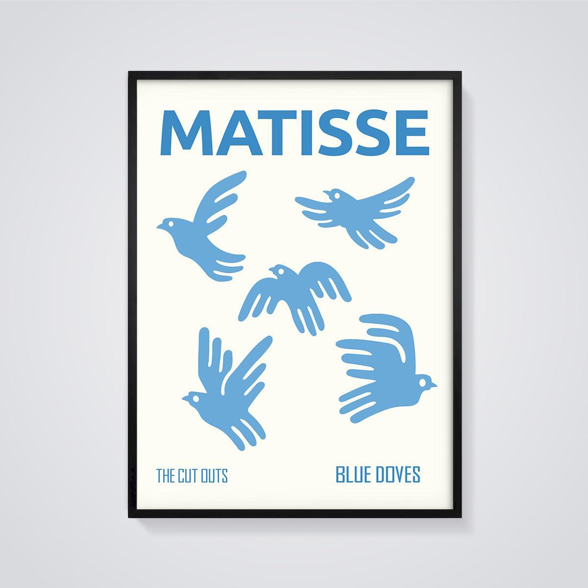 Matisse Blue Doves Print framed in black on a grey background