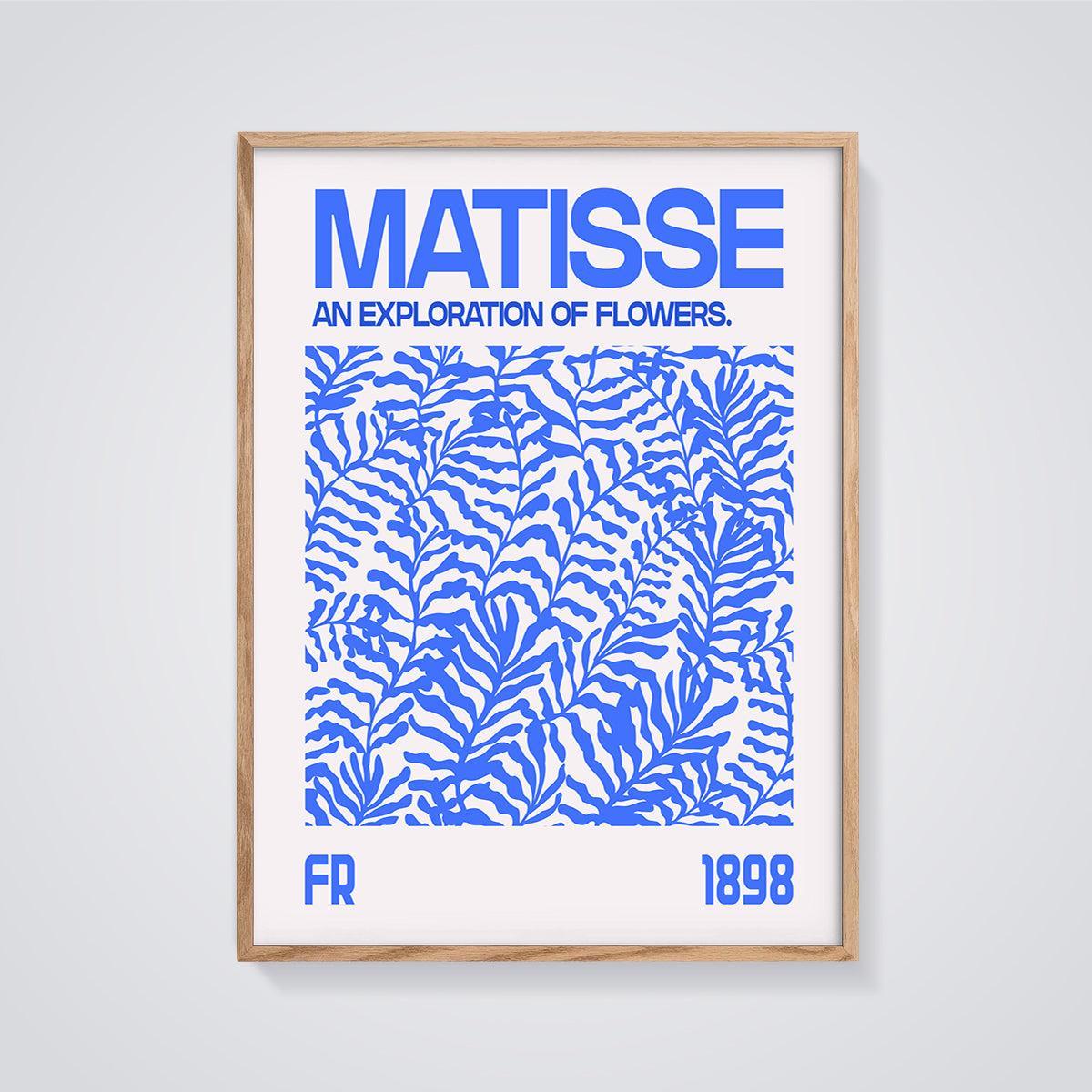 Matisse Blue Floral Exploration Print framed in oak on a grey background