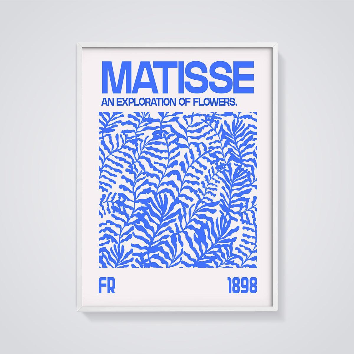 Matisse Blue Floral Exploration Print framed in white on a grey background