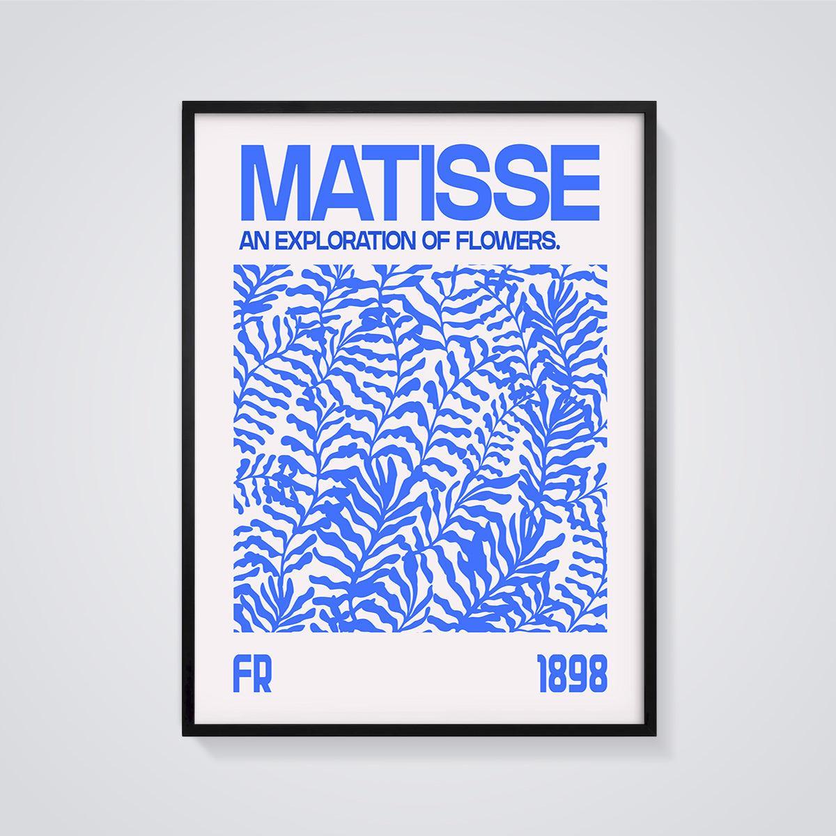 Matisse Blue Floral Exploration Print framed in black on a grey background