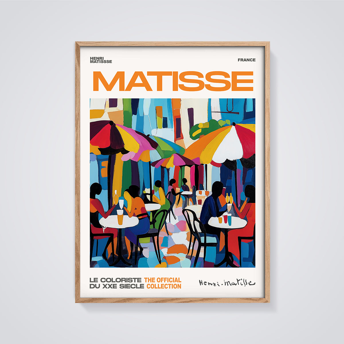 Matisse Cafe Umbrellas Print framed in oak on a grey background