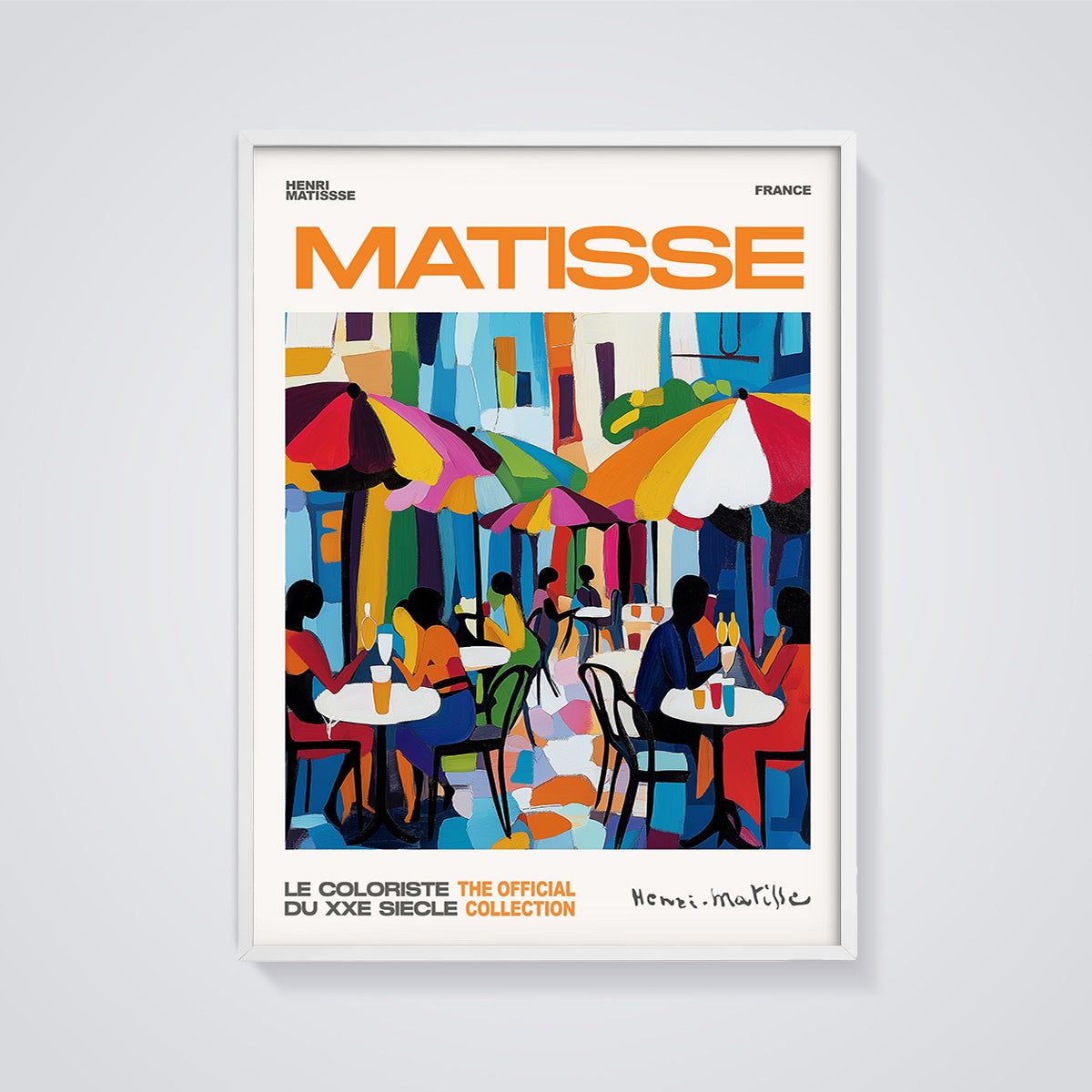 Matisse Cafe Umbrellas Print framed in white on a grey background