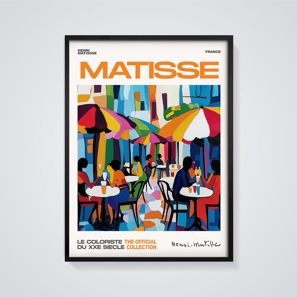 Matisse Cafe Umbrellas Print framed in black on a grey background
