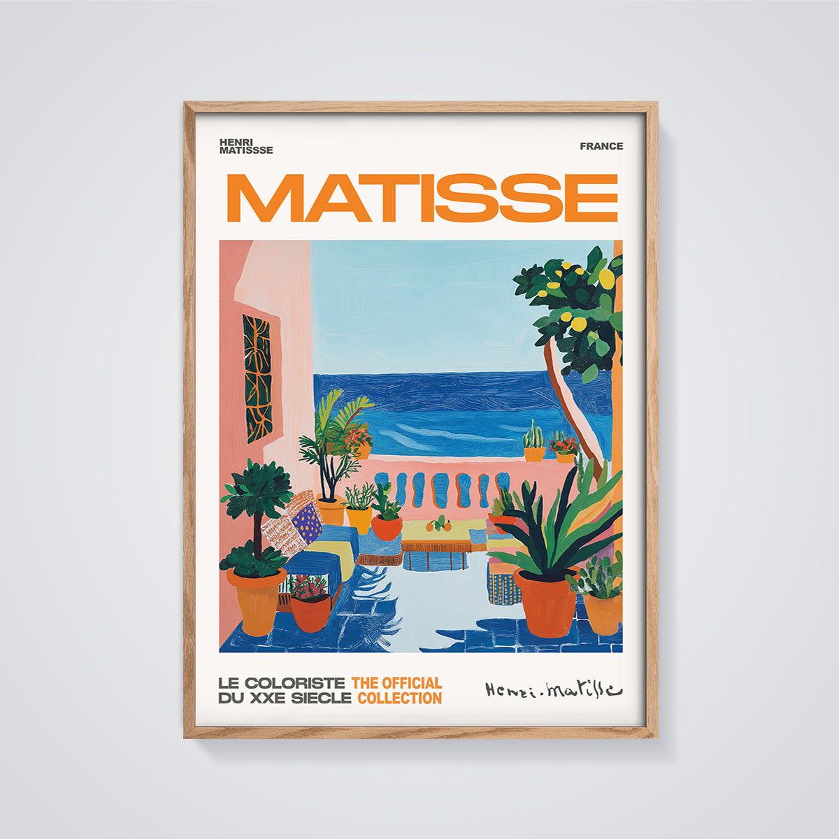 Matisse Coastal Terrace Print framed in oak on a grey background