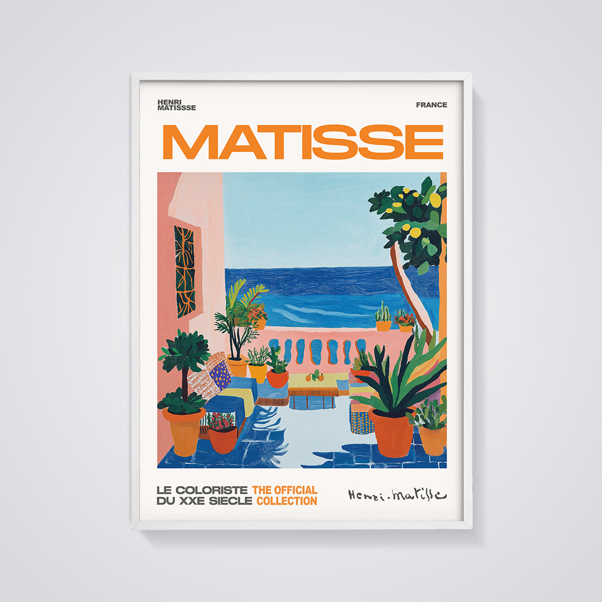 Matisse Coastal Terrace Print framed in white on a grey background