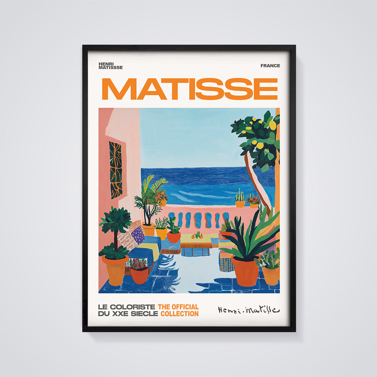 Matisse Coastal Terrace Print framed in black on a grey background