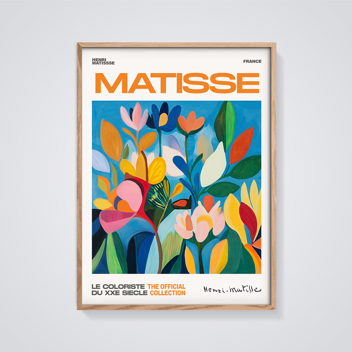 Matisse Colorful Abstract Floral Print framed in oak on a grey background