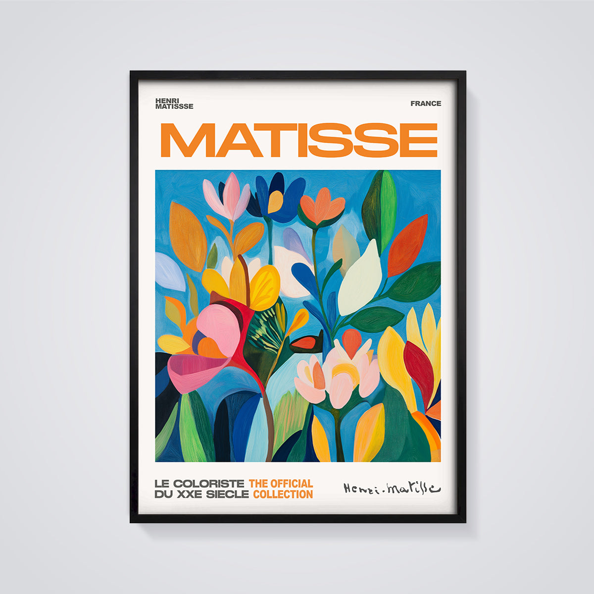 Matisse Colorful Abstract Floral Print framed in black on a grey background