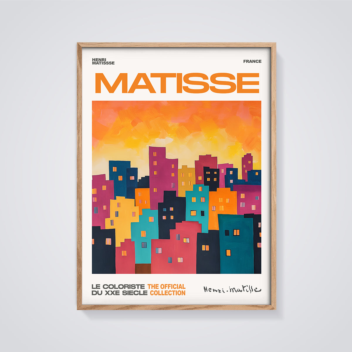 Matisse Colorful Cityscape Print framed in oak on a grey background