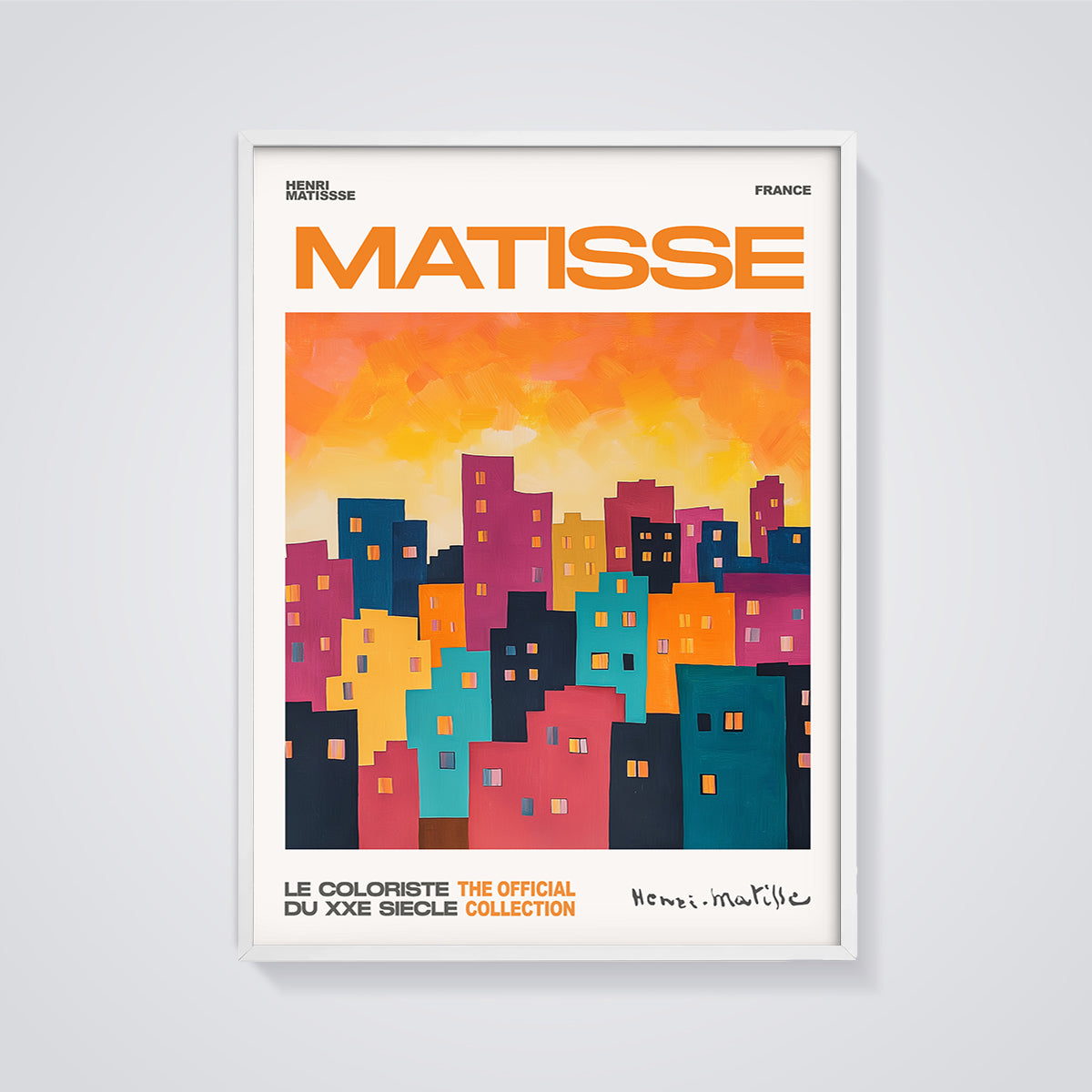 Matisse Colorful Cityscape Print framed in white on a grey background