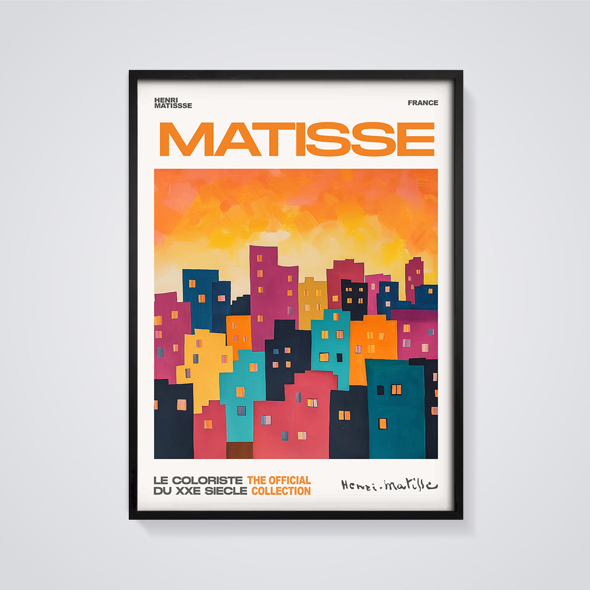 Matisse Colorful Cityscape Print framed in black on a grey background
