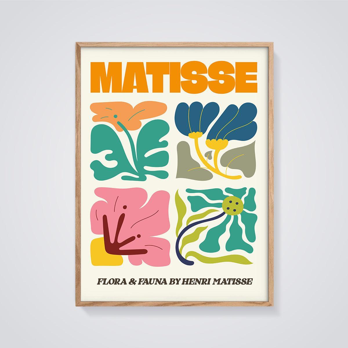 Matisse Flora & Fauna Abstract Print framed in oak on a grey background