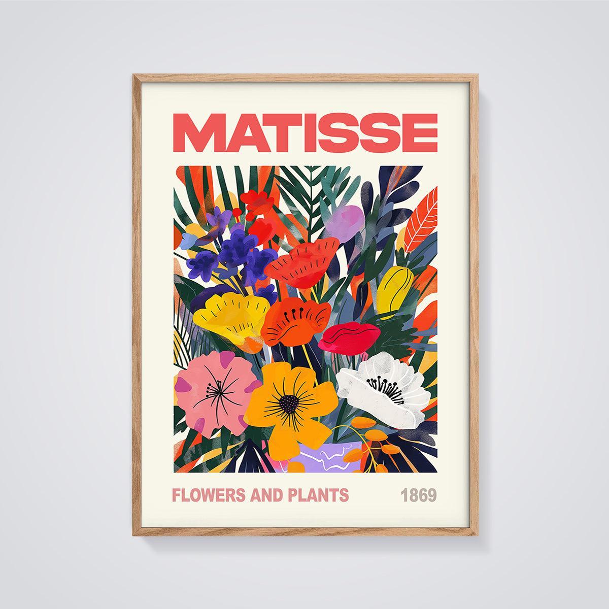 Matisse Flowers and Plants Print framed in oak on a grey background