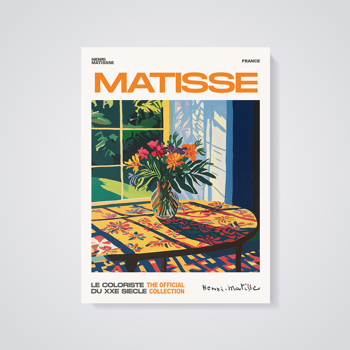Matisse Flowers and Table Print unframed on a grey background