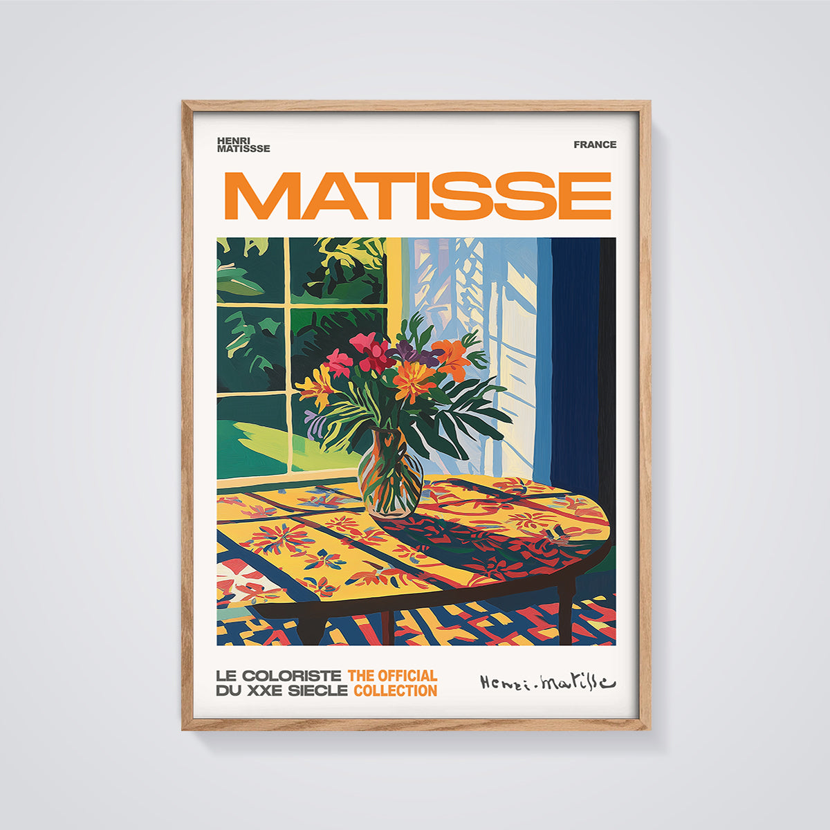 Matisse Flowers and Table Print framed in oak on a grey background