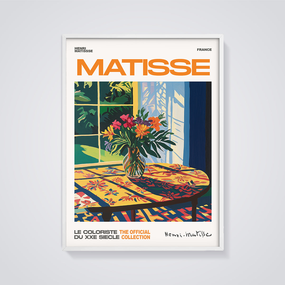 Matisse Flowers and Table Print framed in white on a grey background