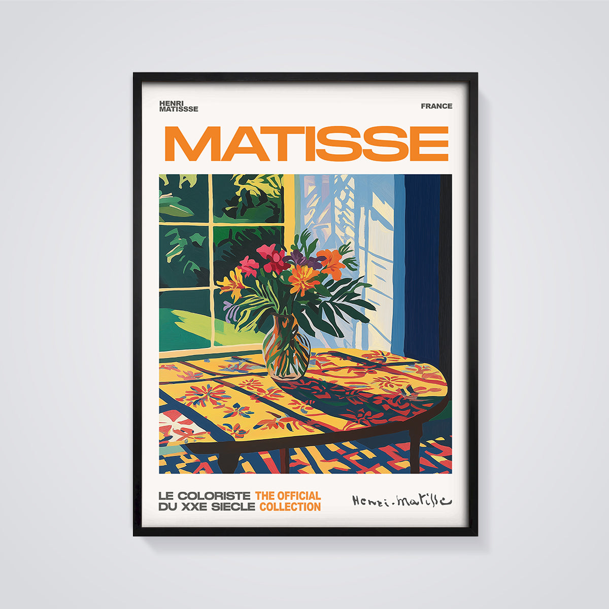Matisse Flowers and Table Print framed in black on a grey background