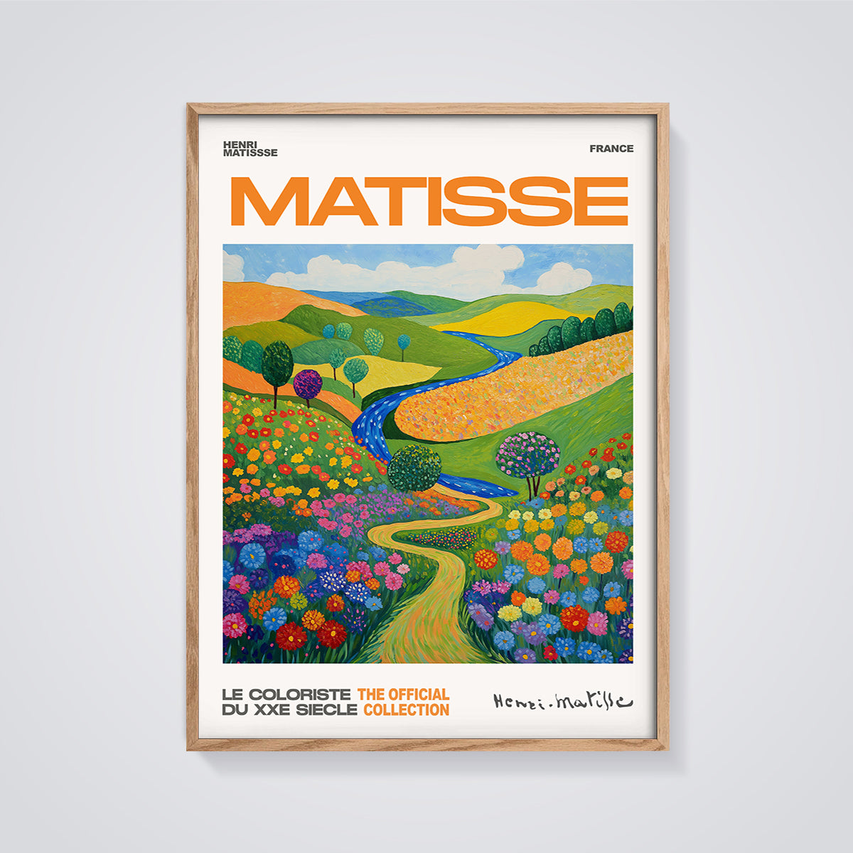 Matisse Flowery Countryside Print framed in oak on a grey background
