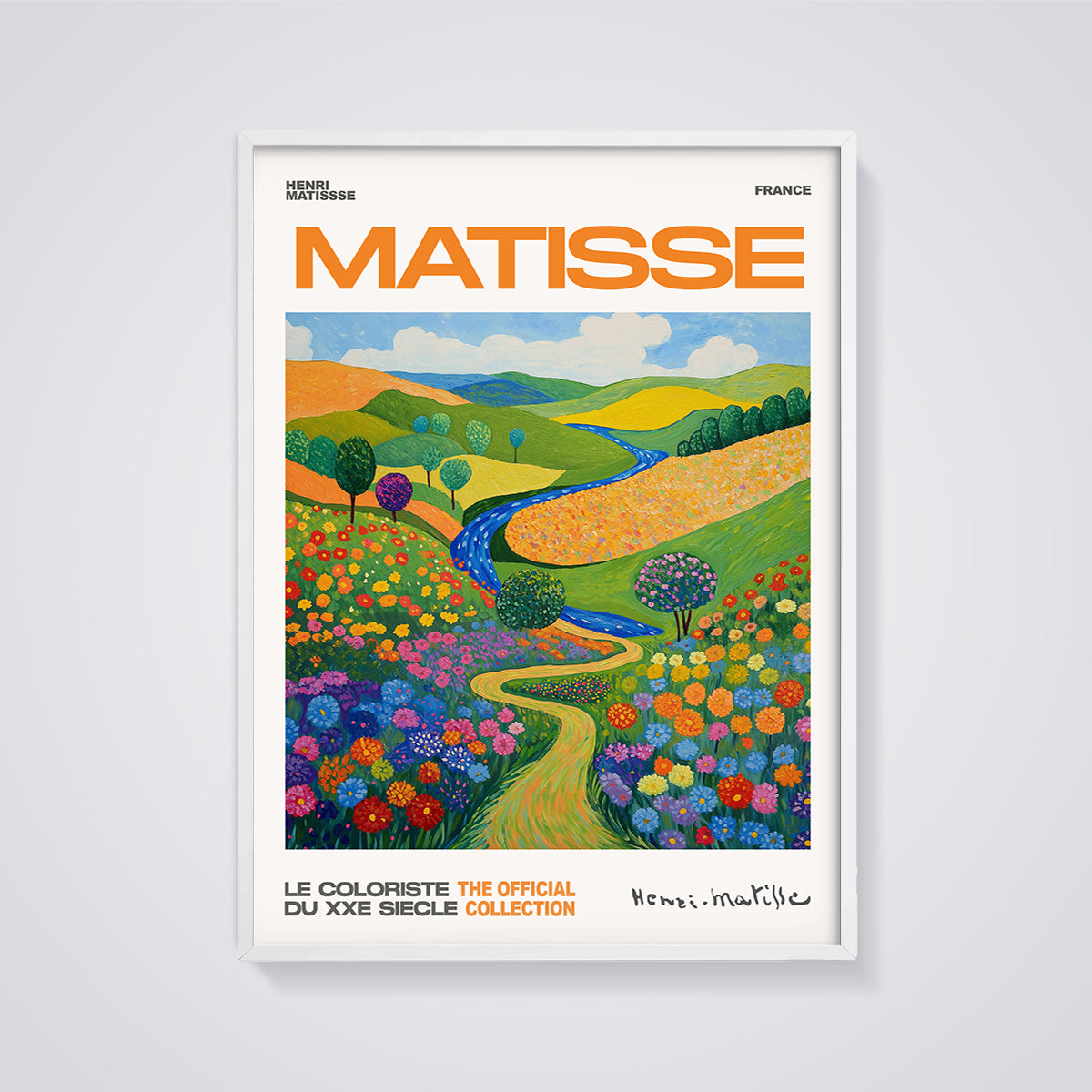 Matisse Flowery Countryside Print framed in white on a grey background