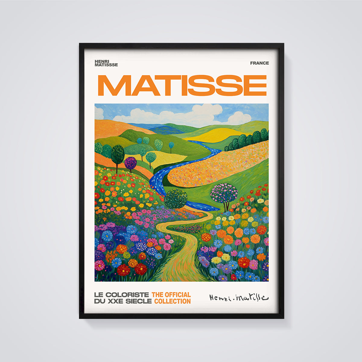 Matisse Flowery Countryside Print framed in black on a grey background