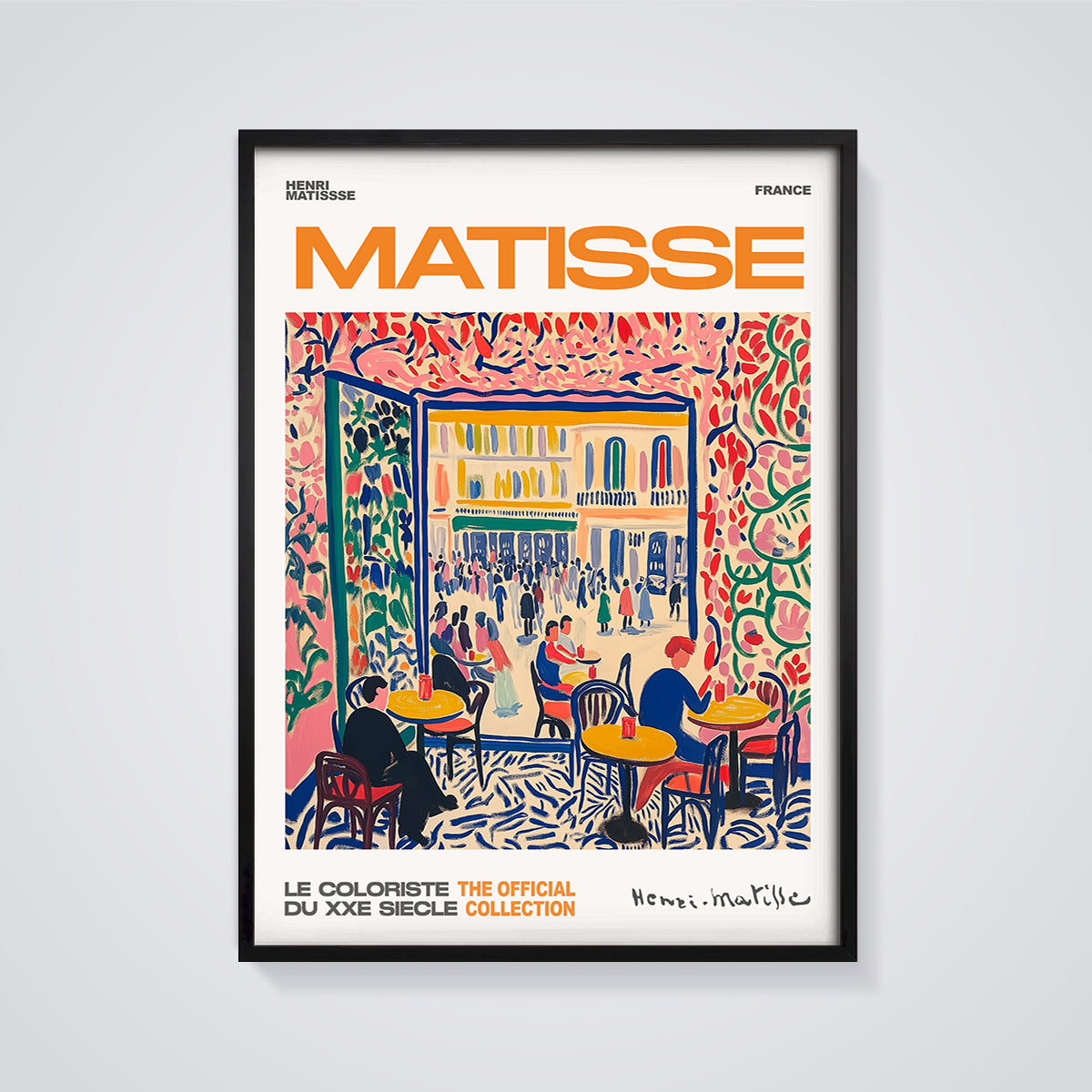 Matisse France Cafe Print framed in black on a grey background