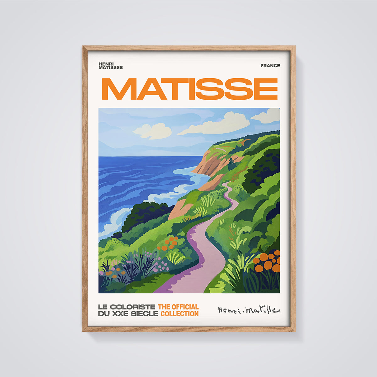 Matisse France Coastal Path Print framed in oak on a grey background