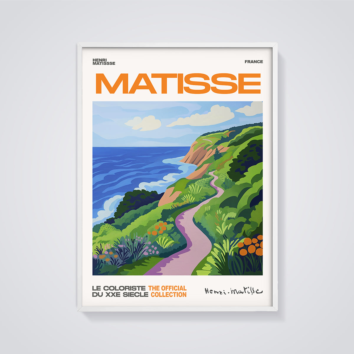Matisse France Coastal Path Print framed in white on a grey background