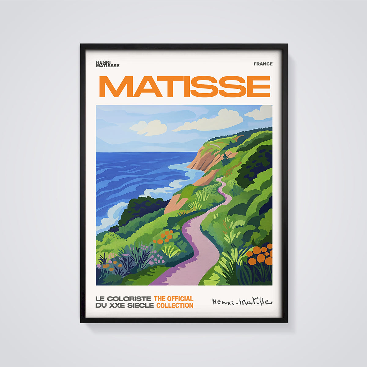 Matisse France Coastal Path Print framed in black on a grey background