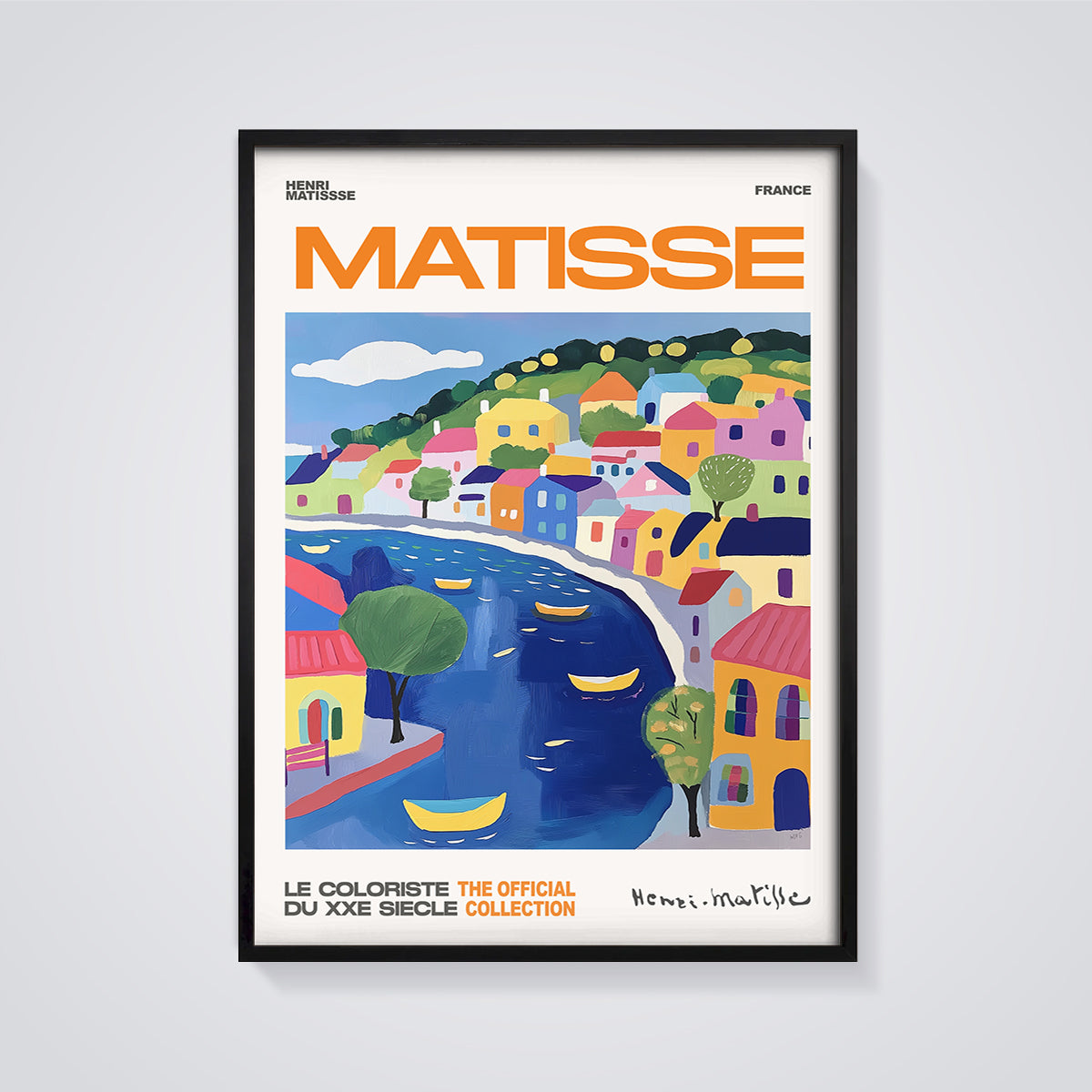 Matisse France Coastal Village Print framed in black on a grey background