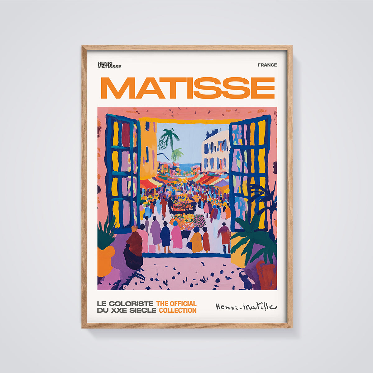 Matisse France Colorful Market Print framed in oak on a grey background