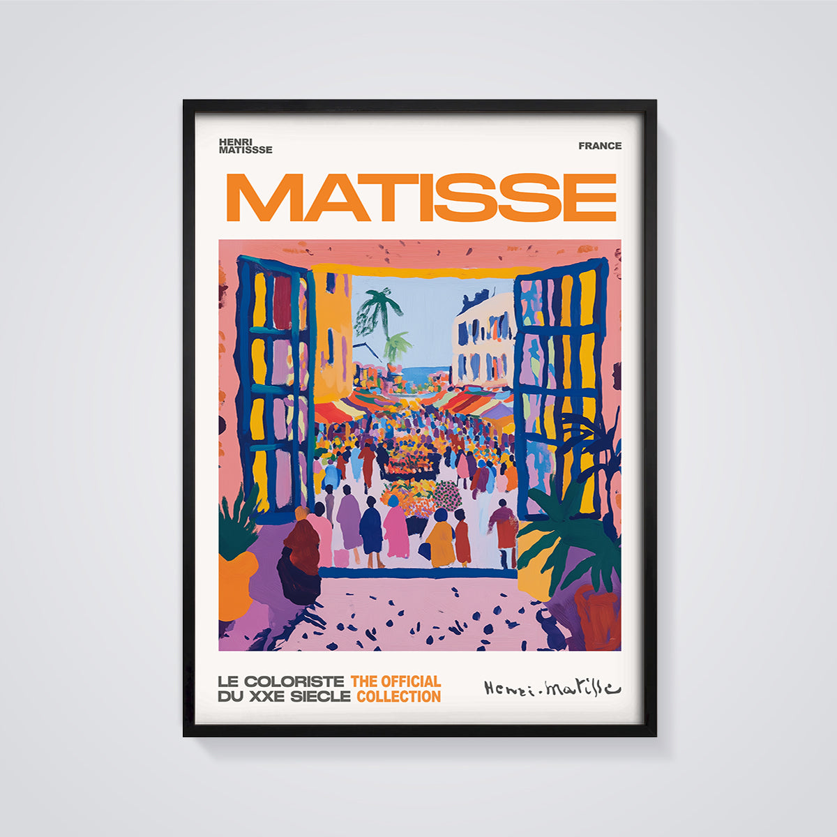 Matisse France Colorful Market Print framed in black on a grey background