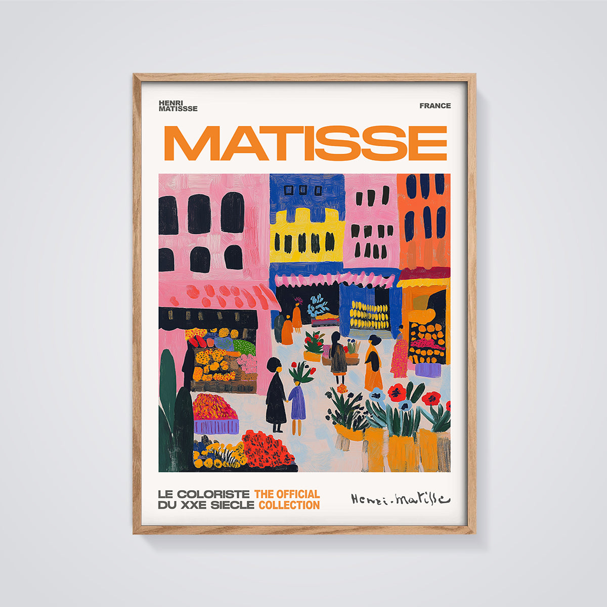 Matisse France Market Print framed in oak on a grey background