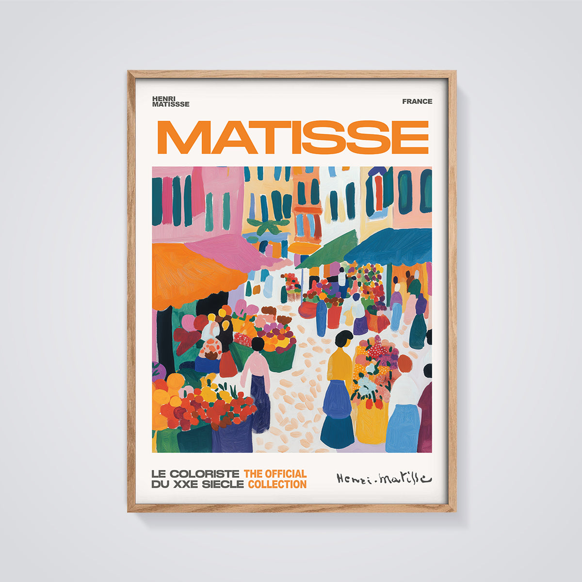Matisse France Market Print Aesthetic framed in oak on a grey background