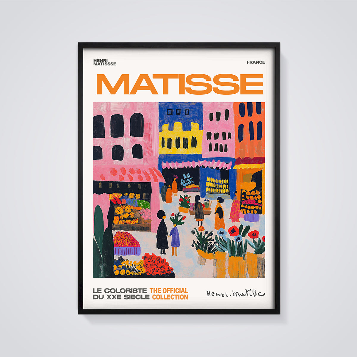 Matisse France Market Print framed in black on a grey background