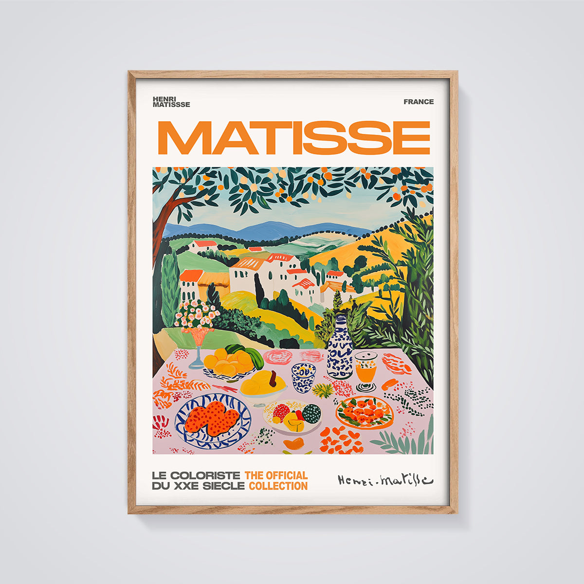 Matisse French Landscape Still Life Print framed in oak on a grey background