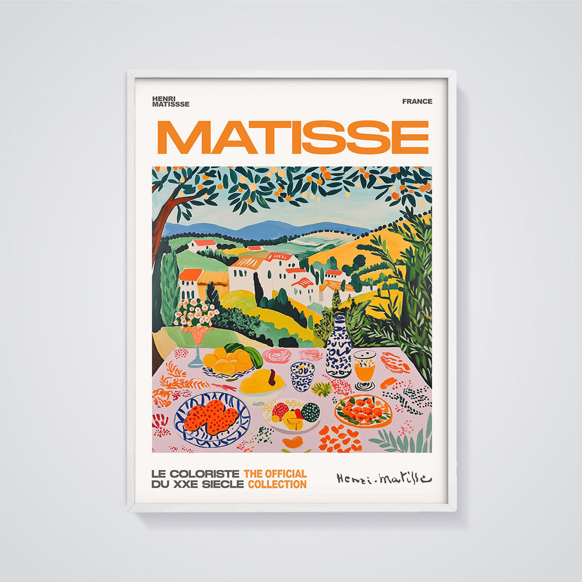 Matisse French Landscape Still Life Print framed in white on a grey background