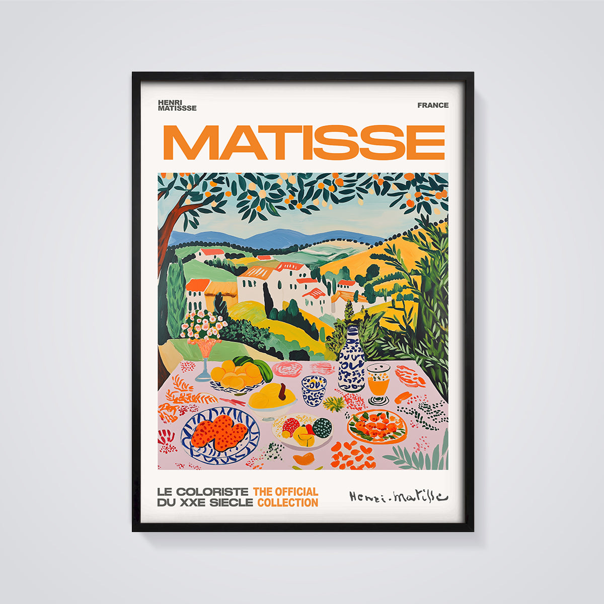 Matisse French Landscape Still Life Print framed in black on a grey background