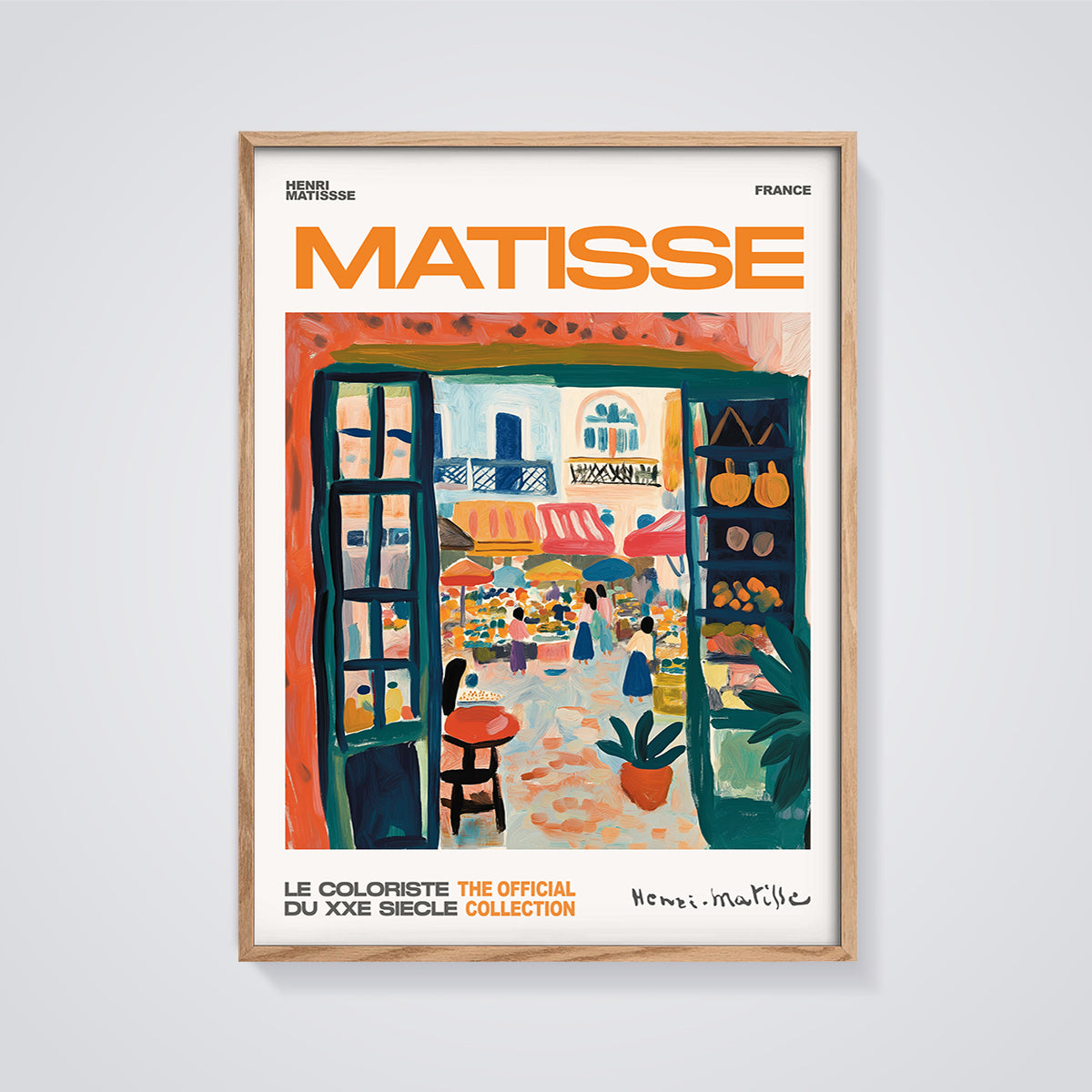 Matisse French Market View Print framed in oak on a grey background