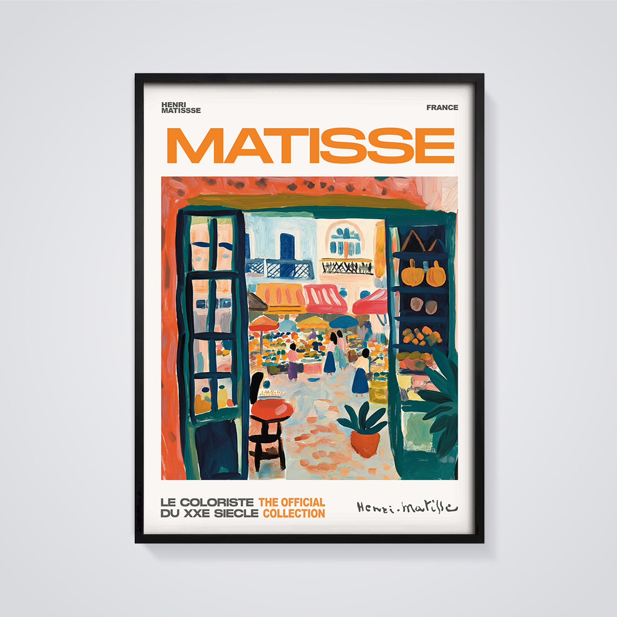 Matisse French Market View Print framed in black on a grey background