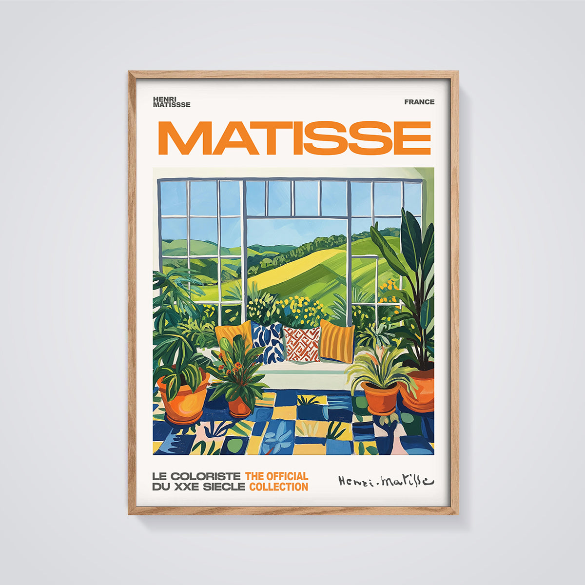Matisse French Window View Print framed in oak on a grey background