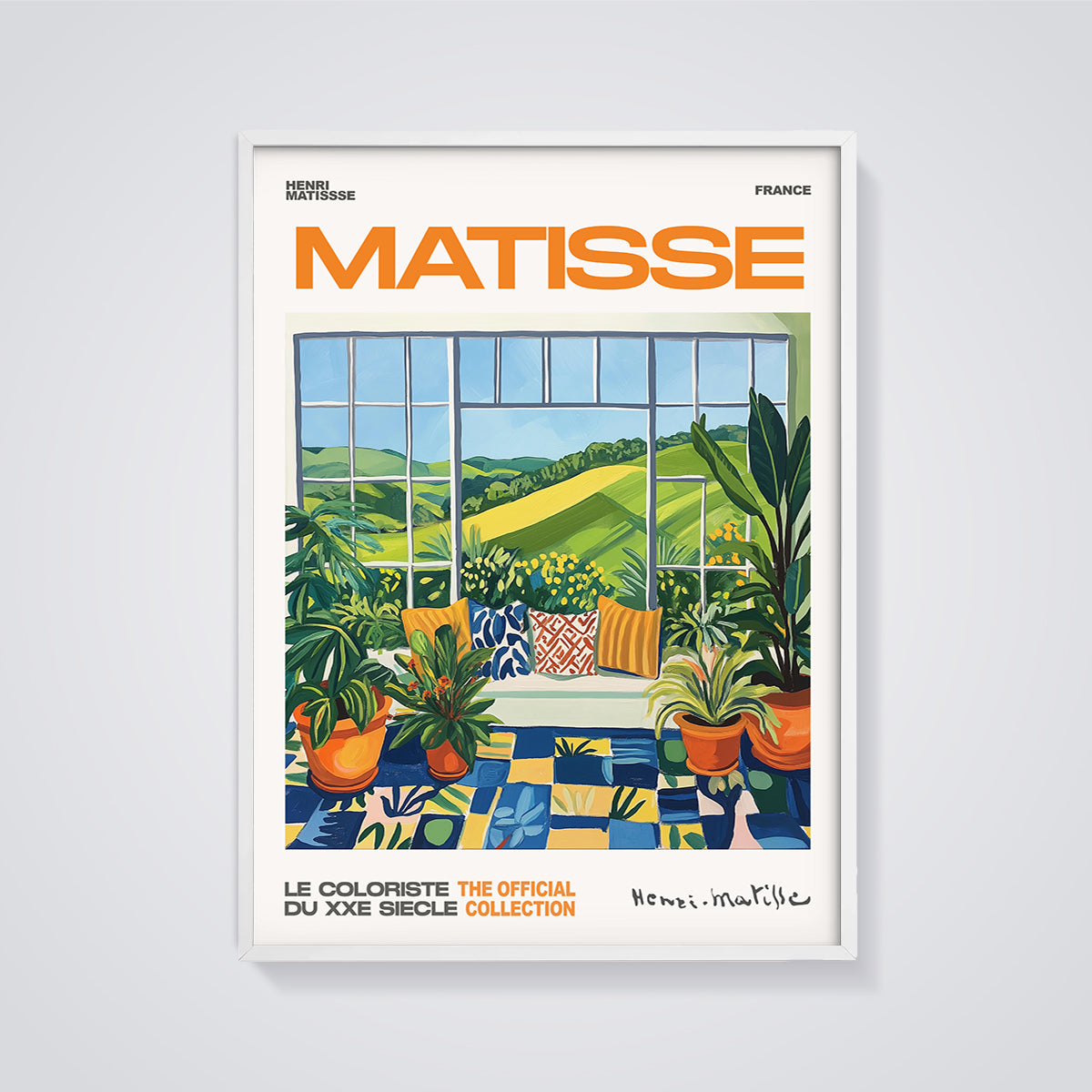 Matisse French Window View Print framed in white on a grey background