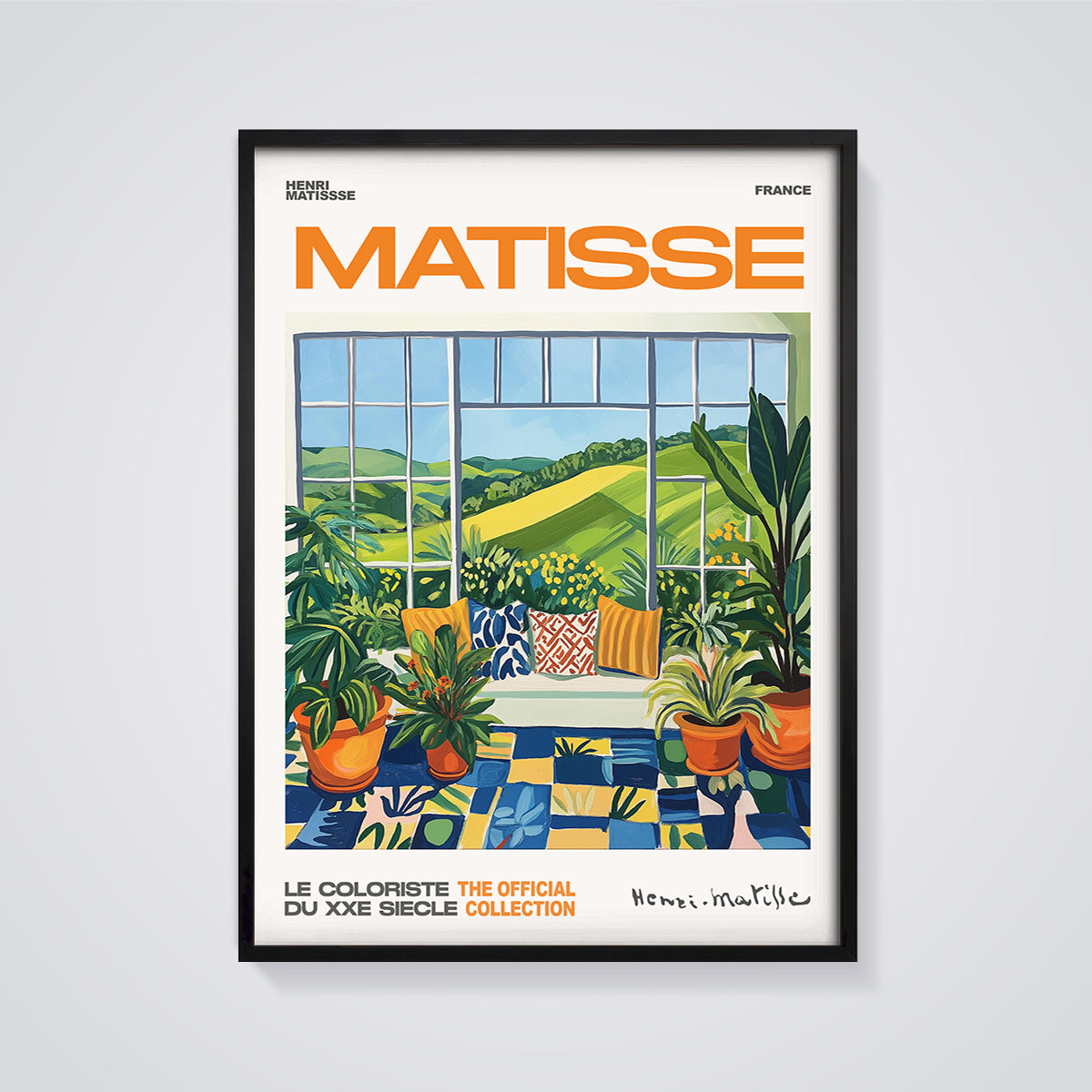 Matisse French Window View Print framed in black on a grey background