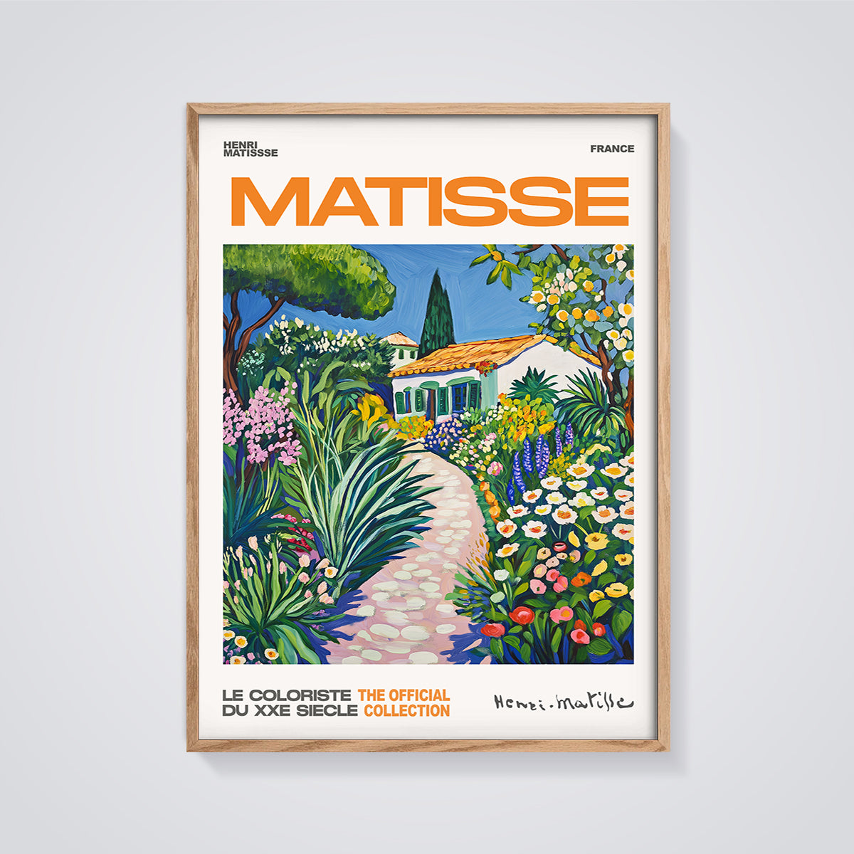 Matisse Garden House Print framed in oak on a grey background