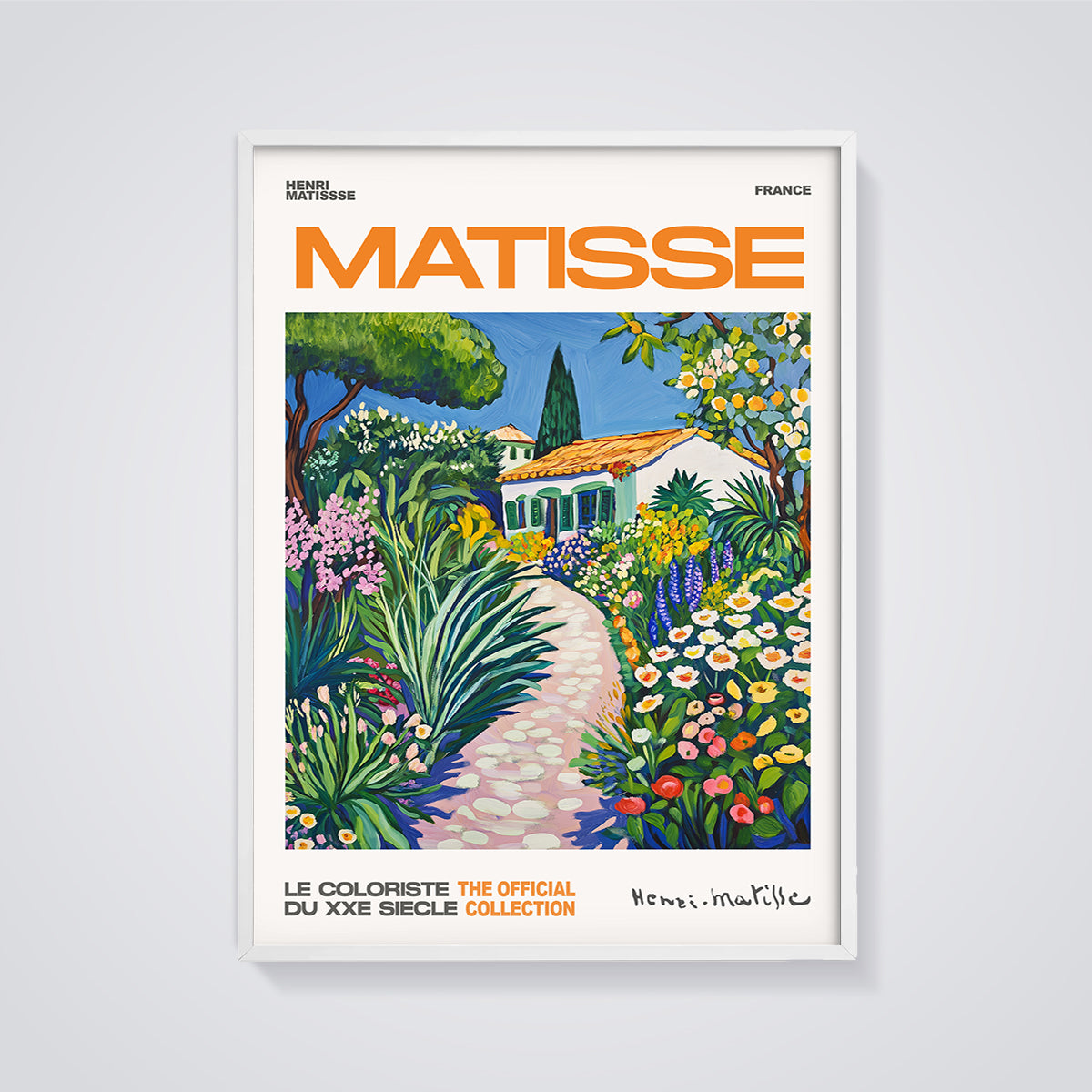 Matisse Garden House Print framed in white on a grey background