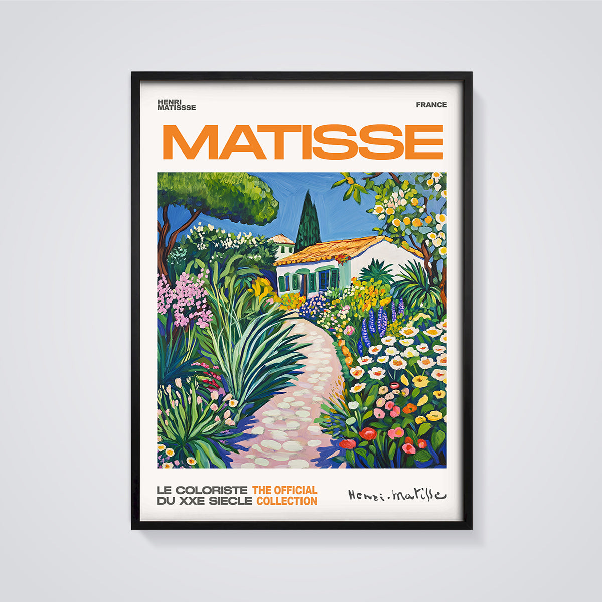 Matisse Garden House Print framed in black on a grey background