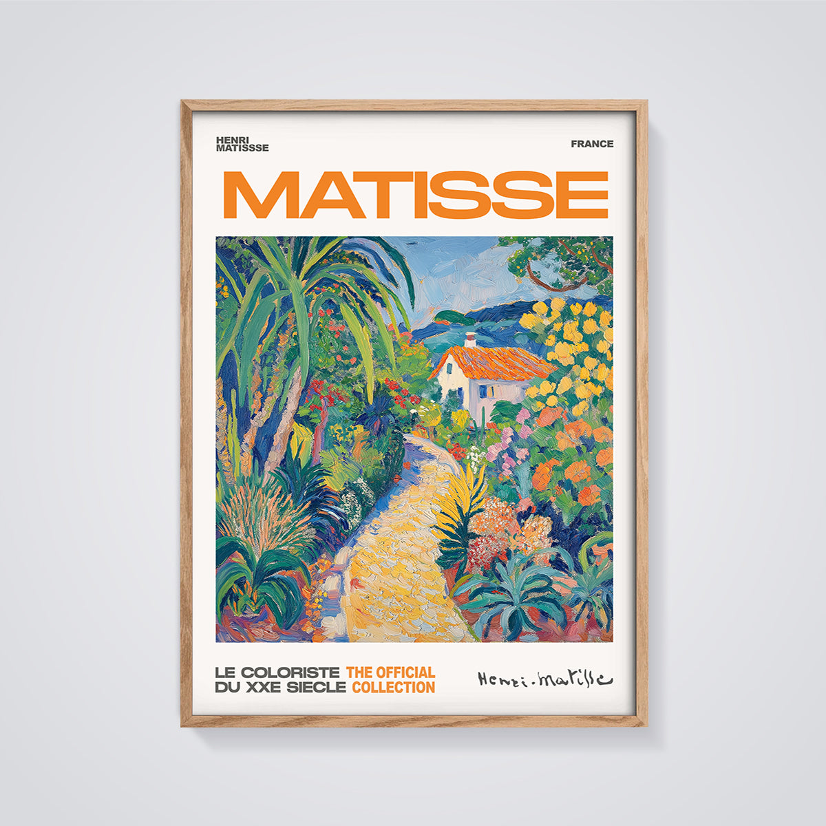 Matisse Garden Path House Print framed in oak on a grey background