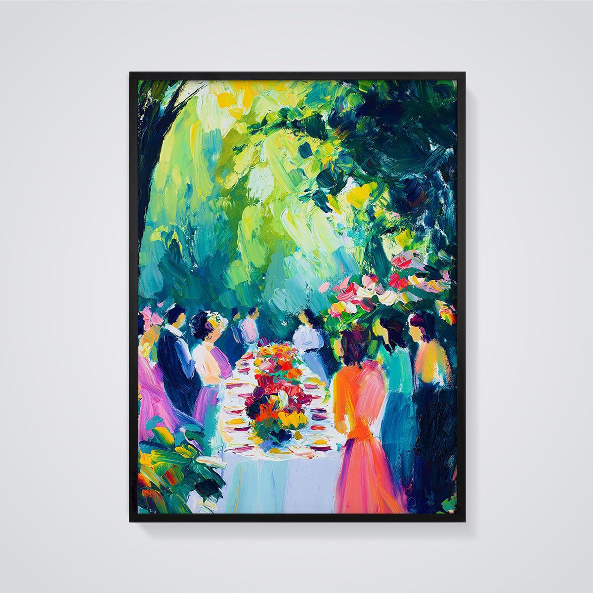 Vibrant Garden Party Print Aesthetic framed in black on a grey background