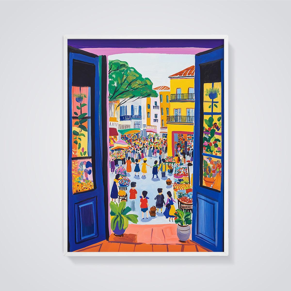 Vibrant Market View Print Aesthetic framed in white on a grey background